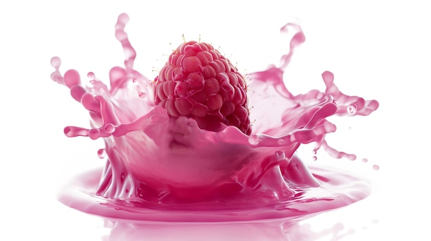 Raspberry che cade in un liquido rosa creando uno spruzzo isolato sul bianco