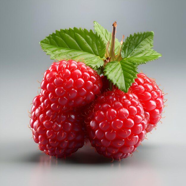 Raspberry maturo con foglie su uno sfondo grigio illustrazione 3d