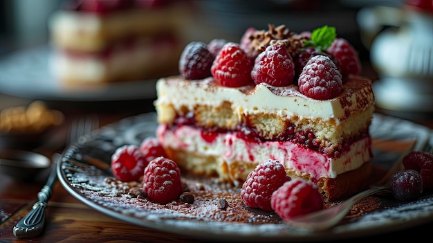 Raspberry Tiramisu Layers Sponge Cream Fruit Background Illustrazioni in HD