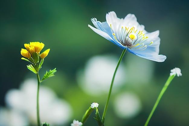 Raster illustrazione di fiori Papavero bianco anemone rametto di piccoli fiori gialli effetto bokeh natura paesaggio gemma floristica botanica piante fogliame 3D grafica raster sfondo per affari