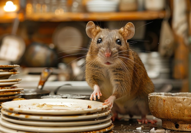 Ratti e piatti in cucina Ratti per strada vicino a uno scarico delle fogne