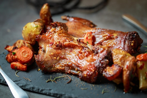 Ratto arrosto fatto in casa Coltello da bistecca forchetta salsa di immersione coltello da bistecca spicchi di patate da vicino