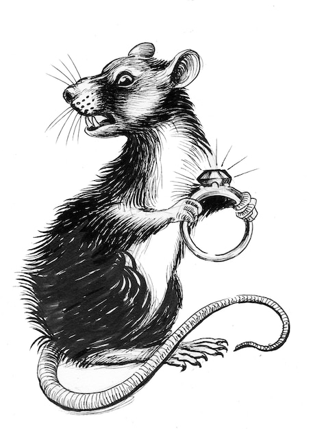 Ratto con un anello rubato. Disegno a inchiostro in bianco e nero