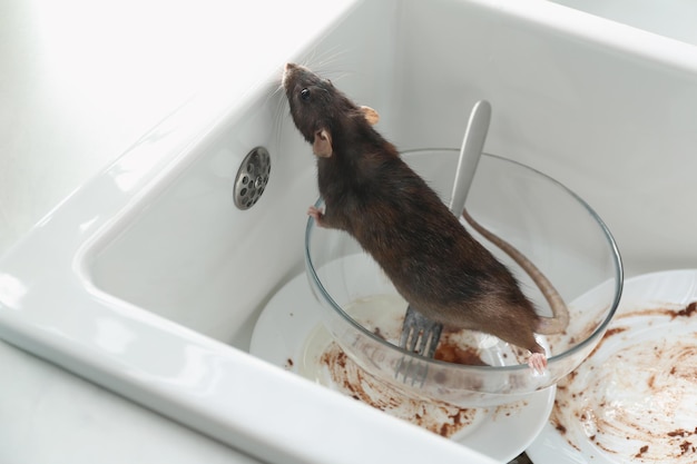 Ratto e piatti sporchi nel lavello della cucina Controllo dei parassiti