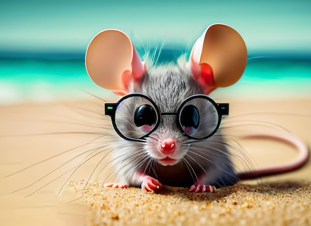 ratto su una spiaggia sabbiosa con gli occhiali in riva al mare IA generativa
