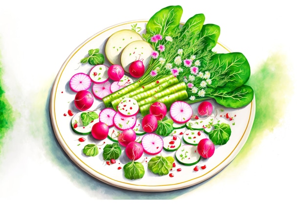 Ravanelli e cetrioli a fette con erbe aromatiche per insalata di ravanelli sul piatto