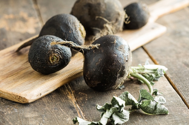 Ravanello nero crudo organico con miele sulla tavola di legno. Medicina per la tosse fatta in casa. Rimedio popolare per l'immunità.