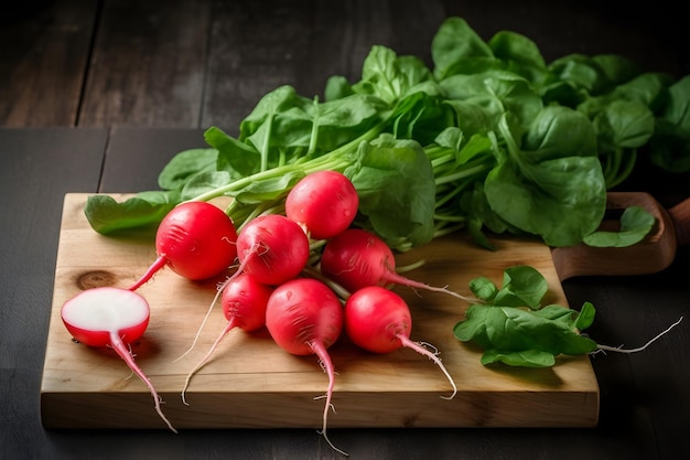 Ravanello rosso fresco sul tagliere di legno