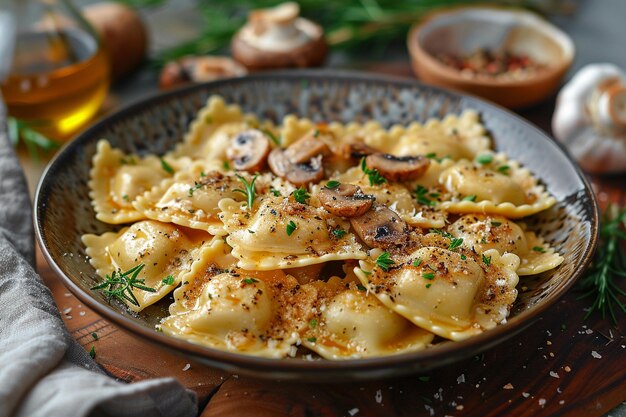 Ravioli con ripieno di funghi e olio di tartufo