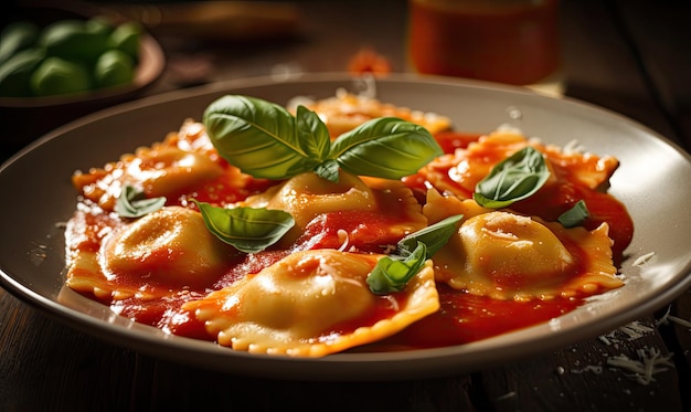 Ravioli con salsa di pomodoro Il concetto di cibo italiano AI generativo