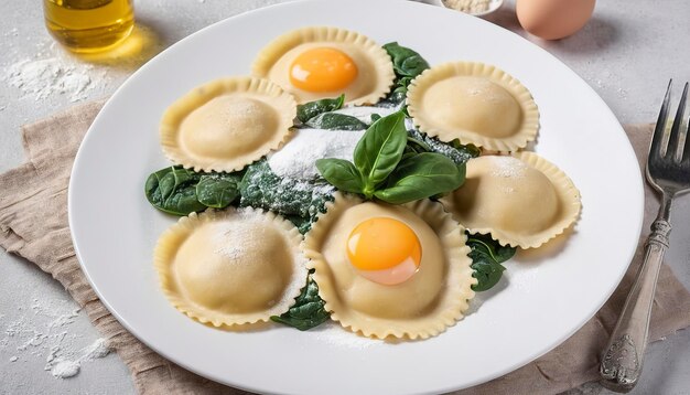 ravioli crudi con farina, funghi d'uovo e spinaci cucina sana italiana o mediterranea