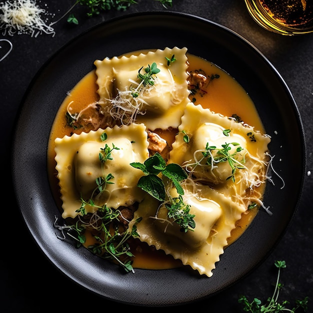 Ravioli italiani con spinaci e ricotta su fondo rustico in legno