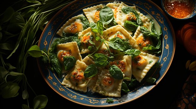 Ravioli ricotta ripieni fatti a mano, salsa di spinaci, formaggio ecc.