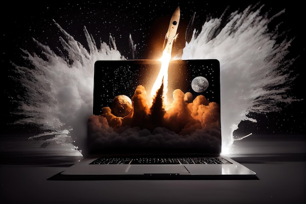 Razzo che esplode dallo schermo del laptop con le stelle nel cielo e la luna sopra la testa