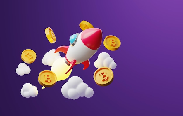 Razzo o astronave che volano attraverso le nuvole con monete bitcoin sparse
