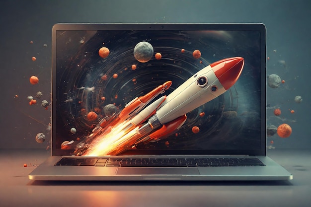 Razzo sullo schermo del portatile Concetto di viaggio spaziale Rendering 3D