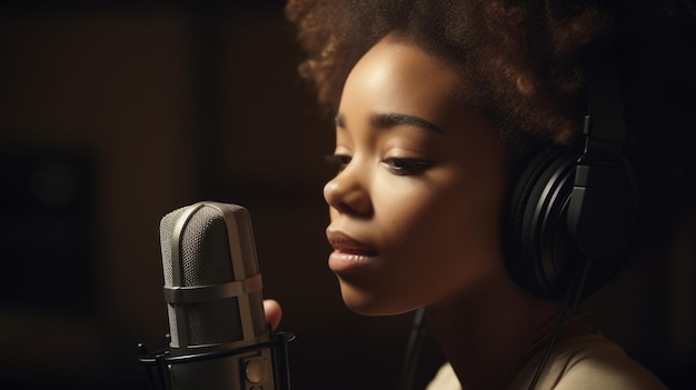 RB Cantante Donna afroamericana Giovane adulto Registrazione della voce per il prossimo album cantando RB e musica soul nello studio di registrazione Generative AI AIG22
