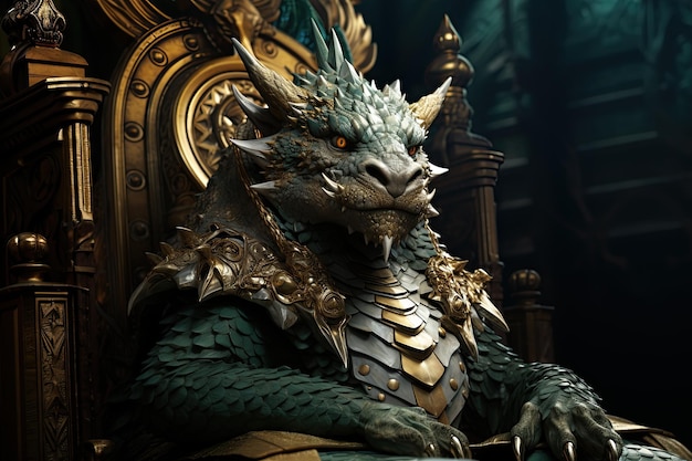Re del drago verde sul trono d'oro nel castello Cartellino di auguri per il nuovo anno 2024