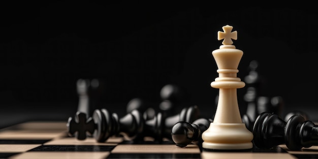 Re di scacchi bianco tra le pedine nere sdraiate sulla scacchiera