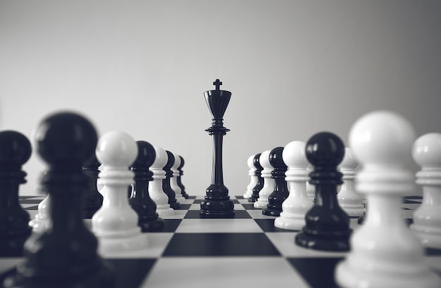 Re pezzo degli scacchi in piedi tra pedine sulla scacchiera leadership concetto d rendering