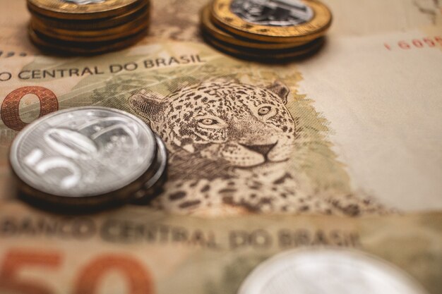 Real brasiliano banconote e monete in primo piano per l'economia brasiliana concept