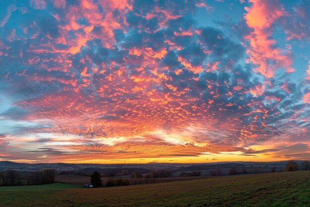 Reale sorprendente panoramico all'alba o al tramonto cielo con dolci nuvole colorate lungo panorama coltura