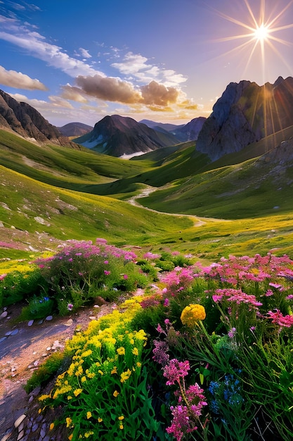 Reale valle di montagna illuminata dal sole con fiori selvatici colori vivaci e illuminazione dinamica