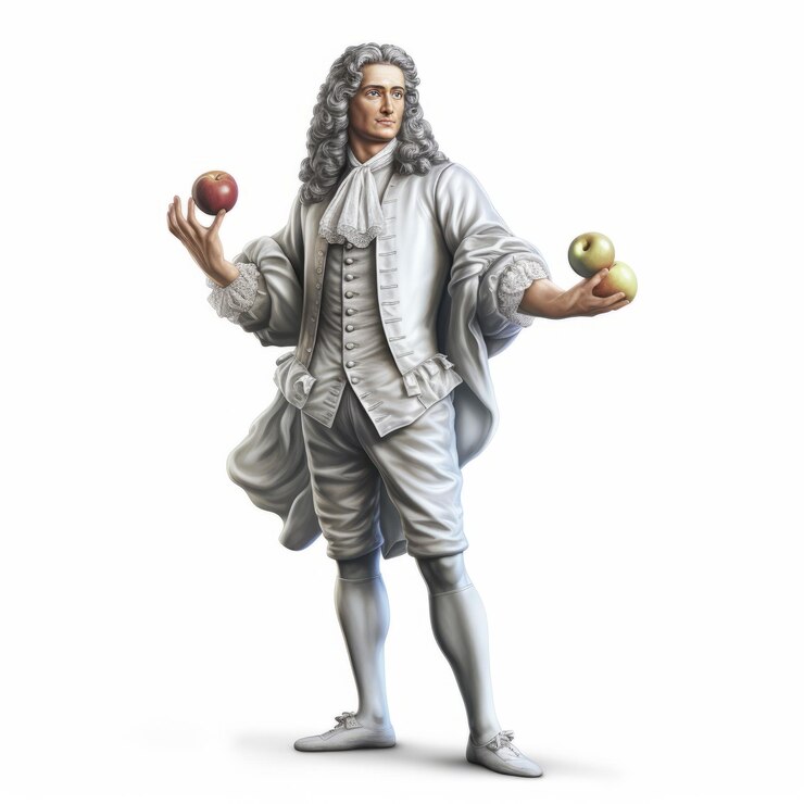 Photo realistic 3d statue of isaac newton holding apples