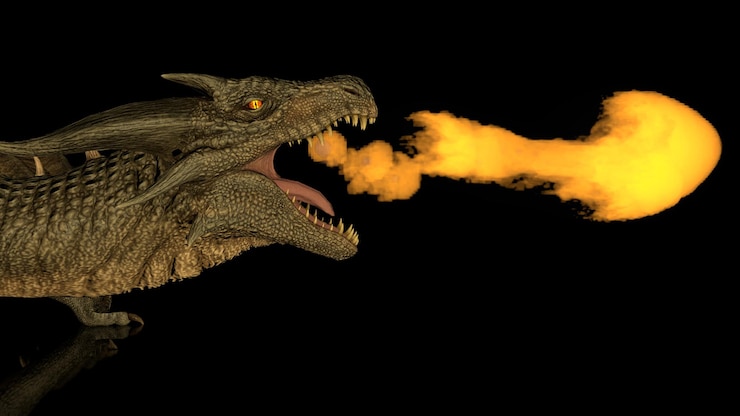Photo realistic dragon breathes fire on a black background on a reflective surface 3d rendering