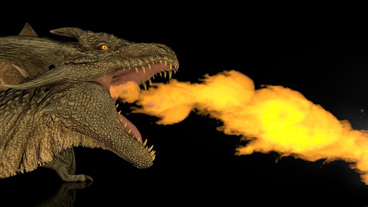 Photo realistic dragon breathes fire on a black background on a reflective surface 3d rendering