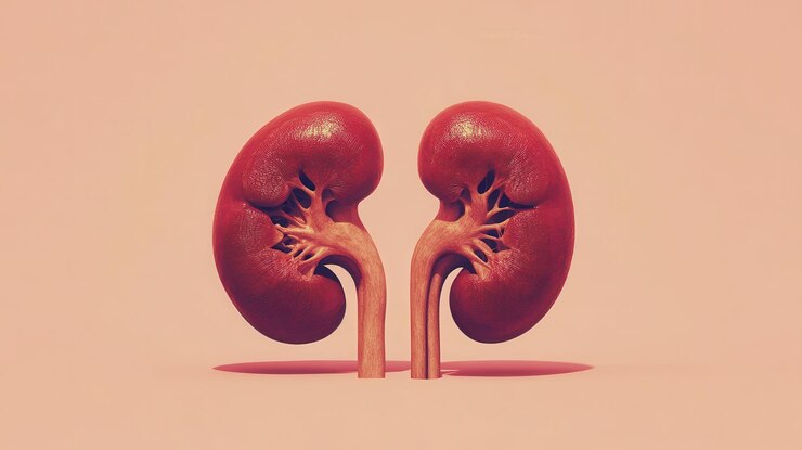 Realistic rendering of human kidneys displayed against a pastel background illustrating anatomy and organ function