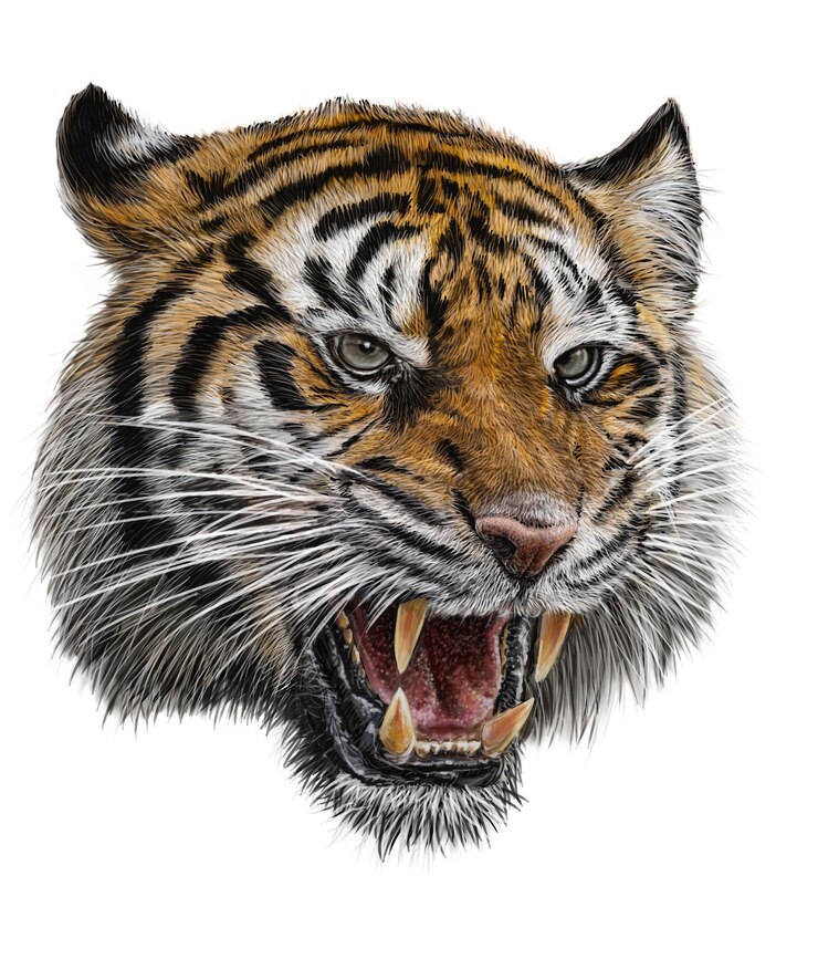 Realistic tiger head hand draw and paint color with clipping path on white background