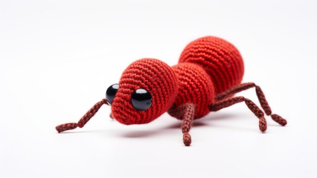 Realistica formica giocattolo in crochet su sfondo bianco