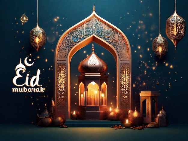 Realistico 3d Eid Mubarak Royal Elegant Lamp con Moschea Porta Santa con fuochi d'artificio