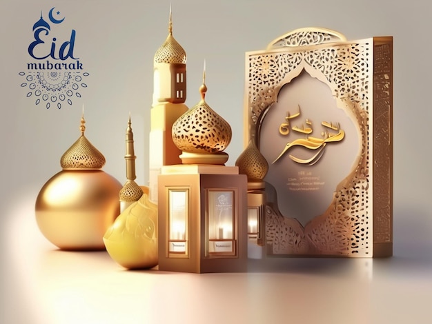 Realistico 3d Eid Mubarak Royal Elegant Lamp con Moschea Porta Santa con fuochi d'artificio