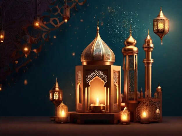 realistico 3d ramadan eid corano sacro e lampada elegante reale con moschea