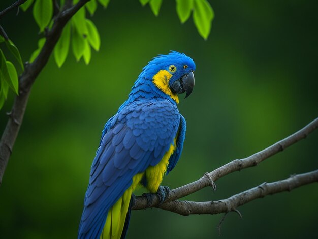 Realistico bellissimo uccello Hyacinth macaw sul brunch dell'albero Forest Background Ai generato