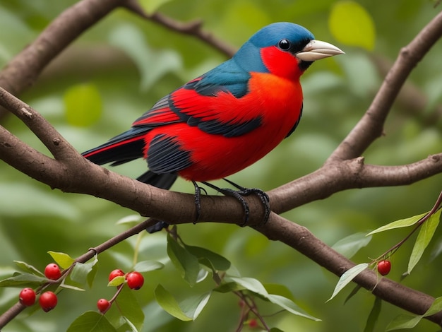 Realistico bellissimo uccello tanager scarlatto sul brunch dell'albero foresta sfondo Ai generato