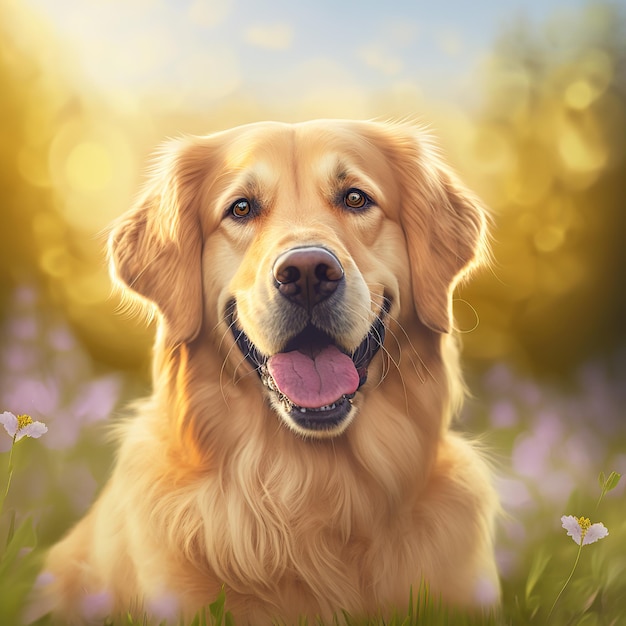 Realistico cane golden retriever su incantevole sfondo naturale all'aperto
