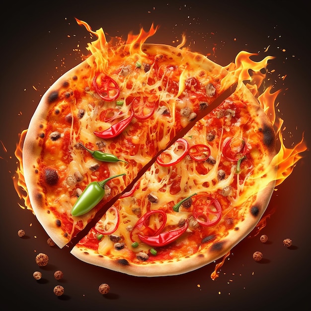 Realistico delizioso pizza calda e piccante illustrazione con peperoncino e fuoco AI generativa