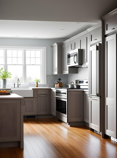 Realistico design degli interni della cucina girato con dettagli iper generativi AI generato