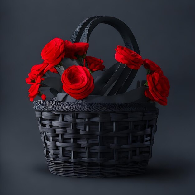 Realistico design di cesto nero chiaro con fiori rossi sfondo grigio morbido in 8K