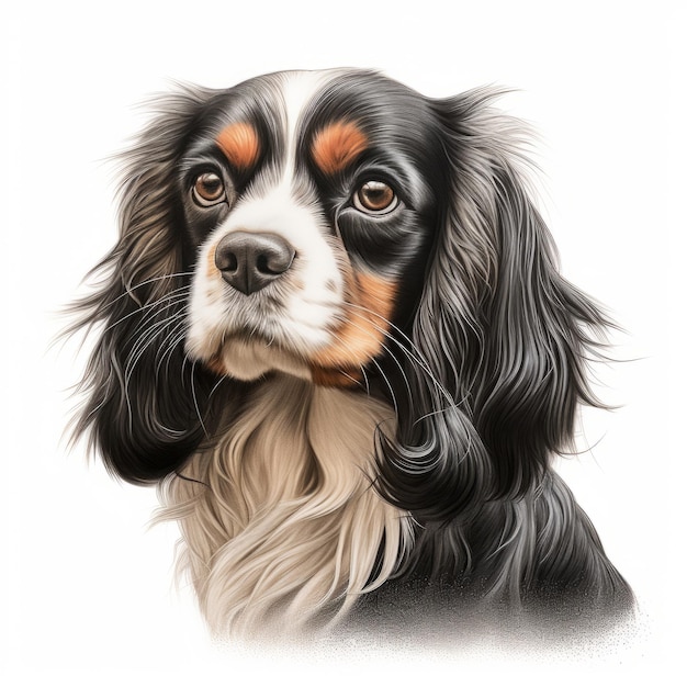 Realistico disegno a carboncino di Cavalier Spaniel cane su sfondo bianco