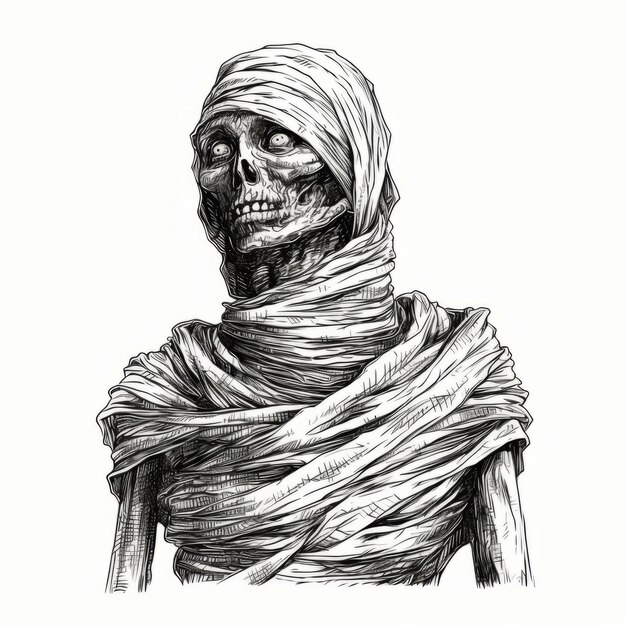Realistico disegno a penna di una mummia con uno scialle satirico Ghoulpunk Comic Art