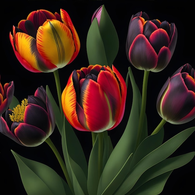 Realistico fiori di tulipano illustrazione disegno verticale senza soluzione di continuità su sfondo nero isolato