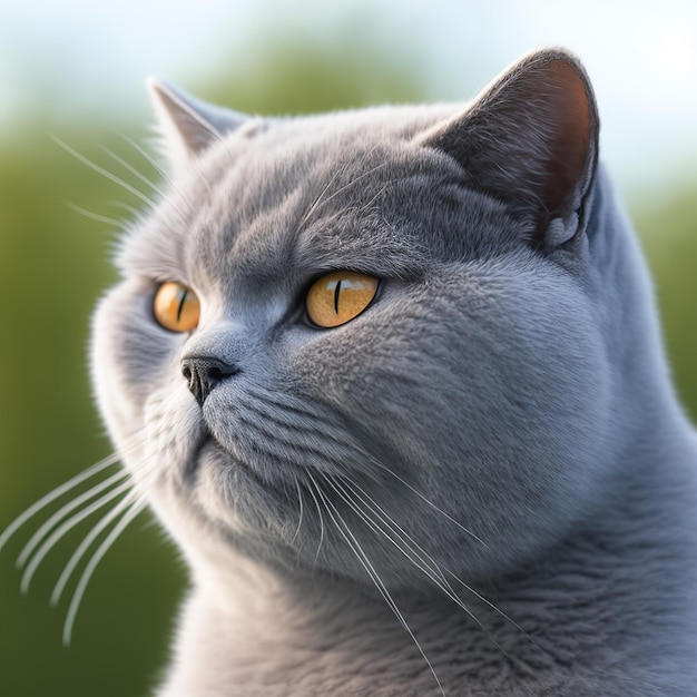 Realistico gatto british shorthair su incantevole sfondo naturale all'aperto