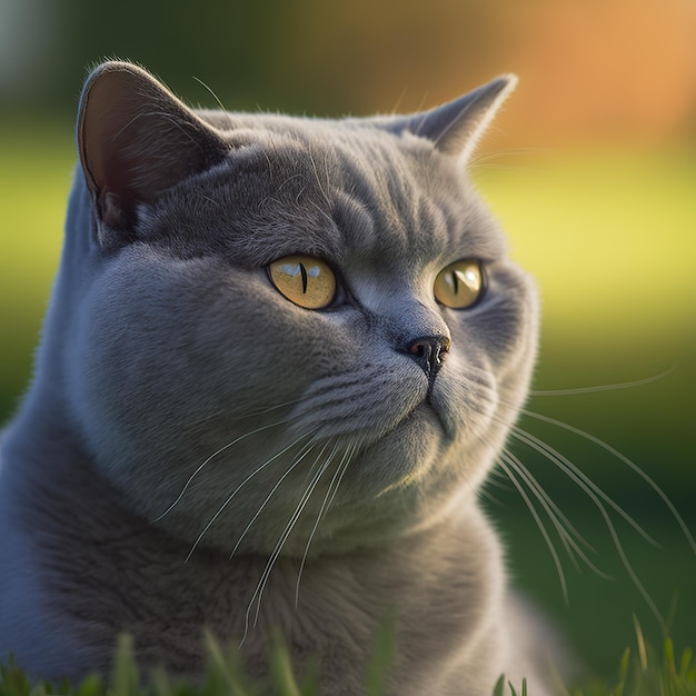 Realistico gatto british shorthair su incantevole sfondo naturale all'aperto