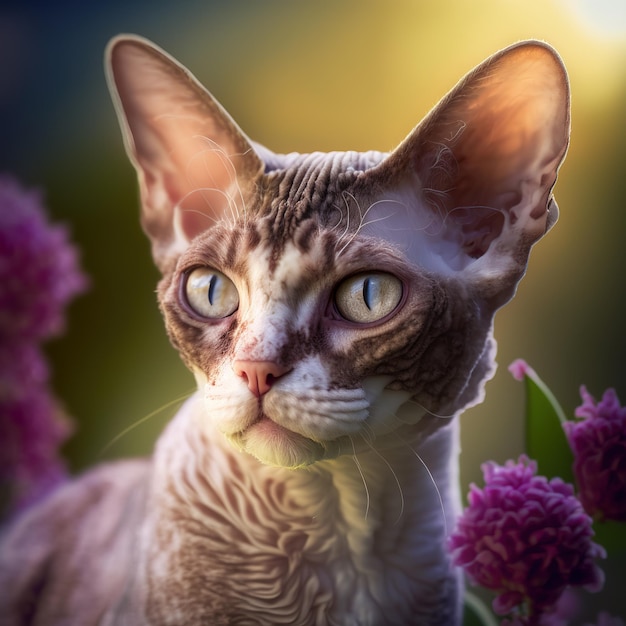 Realistico gatto devon rex su incantevole sfondo naturale all'aperto