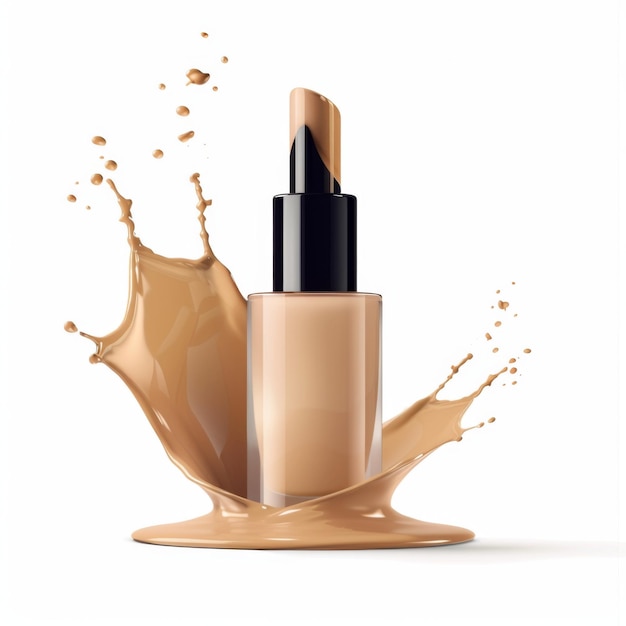Realistico modello di bottiglia di fondamenta per il trucco liquido con spruzzo di crema cosmetica su sfondo bianco