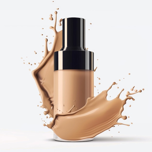 Realistico modello di bottiglia di fondamenta per il trucco liquido con spruzzo di crema cosmetica su sfondo bianco
